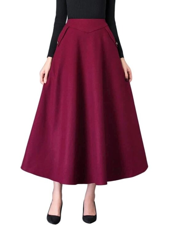 Dresses & Skirts - Women's Wine Red Fall Winter High Waisted Wool Plaid A-line Long Maxi Skirt